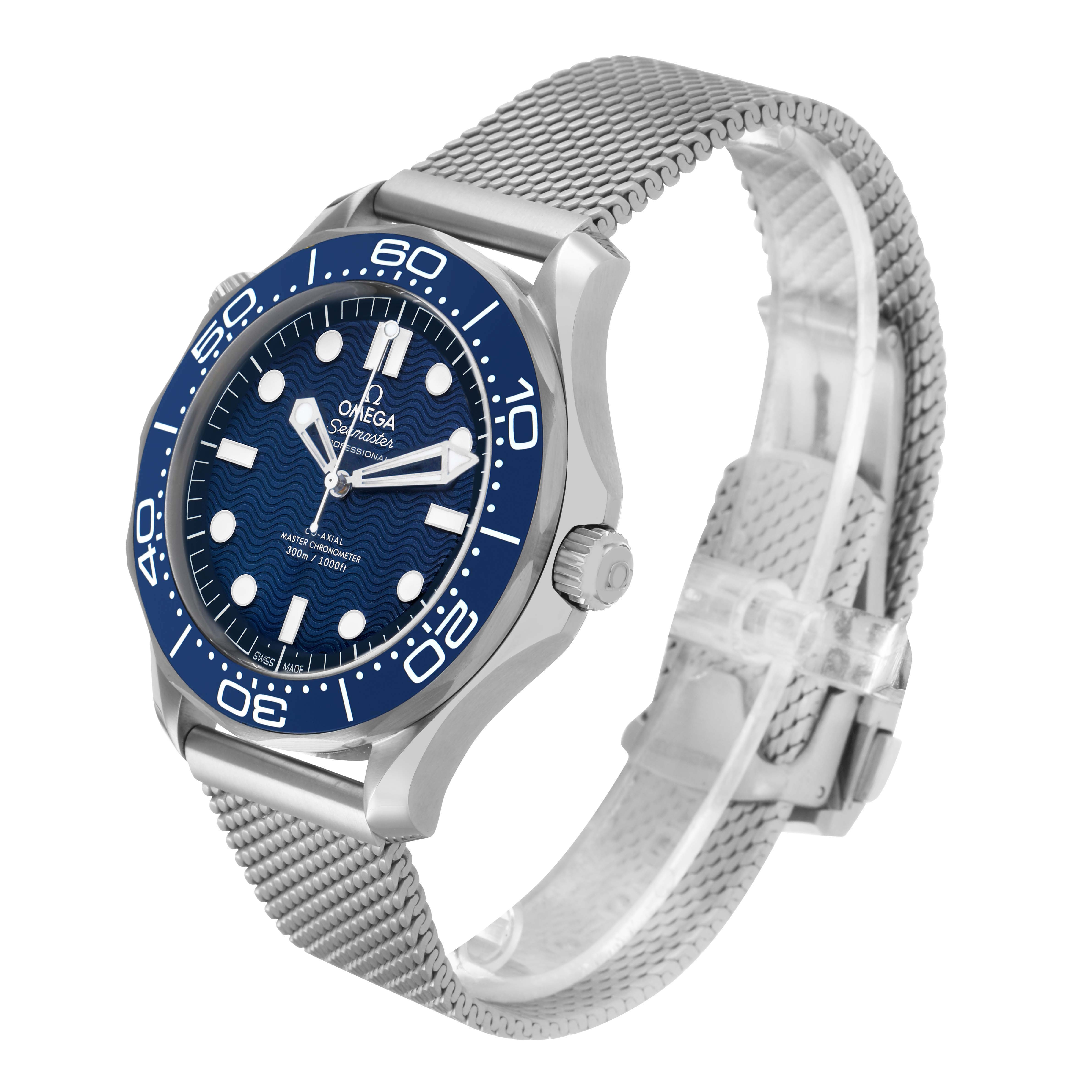 The Omega Seamaster 210.30.42.20.03.002 Men's Stainless Steel Blue Dial watch is shown at a three-quarter angle, highlighting the dial, bezel, crown, and mesh bracelet.